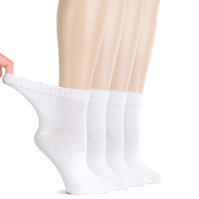 Hugh Ugoli Diabetic Socks for Women, Super Soft & Thin Ankle Socks, Wide & Loose, Non-Binding Top & Seamless Toe, 4 Pairs, White, Shoe Size: 10-12 - Image 1